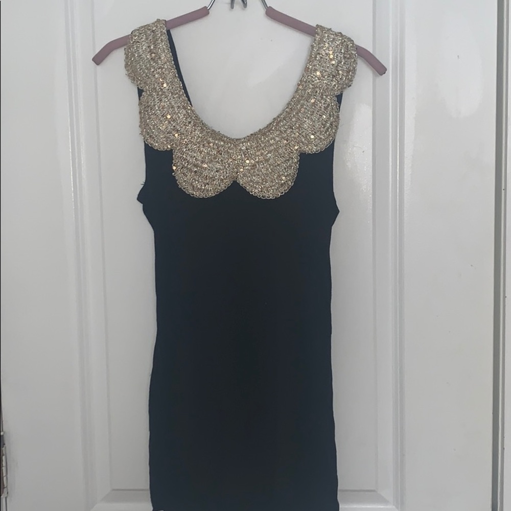 Black Sleeveless Top with Gold Scalloped Collar